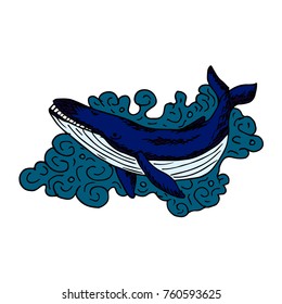 Whale vector illustration. Doodle style. Design, print, logo, decor, textile, paper