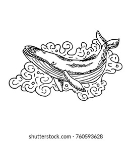 Whale vector illustration. Doodle style. Design, print, logo, decor, textile, paper