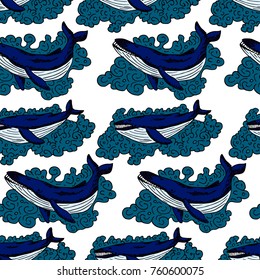 Whale vector illustration. Doodle style. Design, print, logo, decor, textile, paper