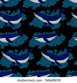 Whale vector illustration. Doodle style. Design, print, logo, decor, textile, paper