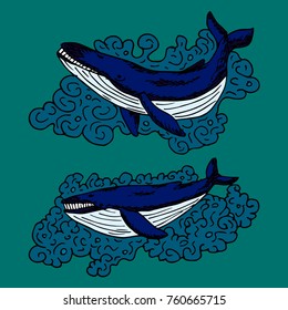 Whale vector illustration. Doodle style. Design, print, logo, decor, textile, paper
