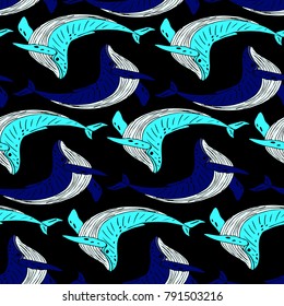 Whale vector illustration. Doodle style. Design, print, decor, textile, paper
