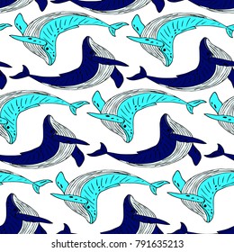 Whale vector illustration. Doodle style. Design, print, logo, decor, textile, paper.