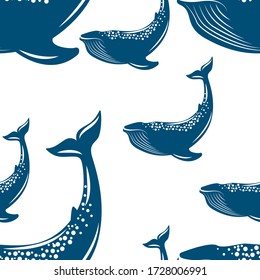 Whale. Vector illustration, flat style. Seamless pattern