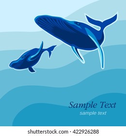 whale vector illustration on blue sea ocean background 