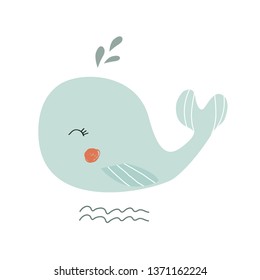 Whale. Vector illustration for printing on banner, poster, postcard, wrapping paper, fabric. Cute baby background.