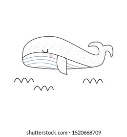 Whale. Vector illustration for printing on fabric, packaging paper, clothes, dishes. Cute baby background.