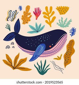 Whale vector illustration. Underwater marine life.
