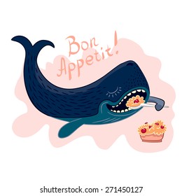 Whale vector illustration who eating porridge large spoon.