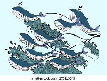 Whale vector are swimming in the sea. 