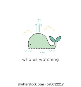 Whale vector thin line icon. Colored isolated symbol. Logo template, element for travel agency products, tour brochure, excursion banner. Simple mono linear modern design.