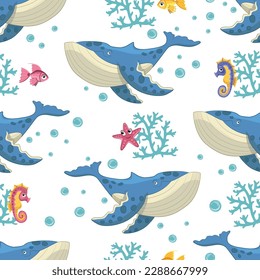 Whale vector. Underwater world seamless pattern. Fish cartoon print design. Textile backgound. Sea life print design