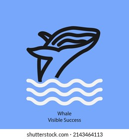 Whale visible success vector icon in linear style. Outline whale on waves isolated pictogram