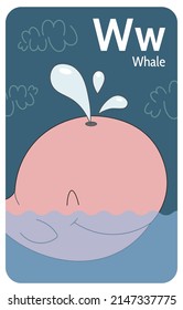 Whale W letter. A-Z Alphabet collection with cute cartoon animals in 2D. Whale swimming in water. Pink whale smiling with closed eyes and releasing a fountain of water. Hand-drawn funny simple style.