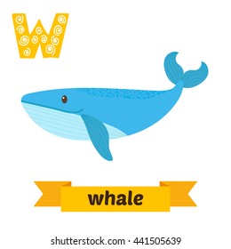 Whale. W letter. Cute children animal alphabet in vector. Funny cartoon animals. Vector illustration