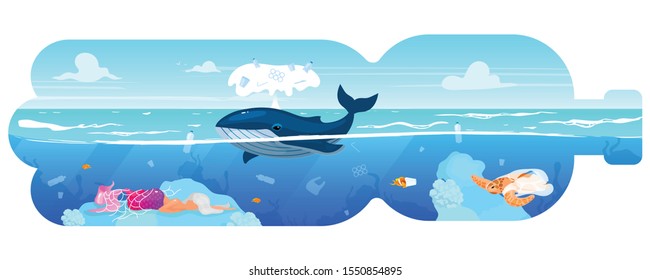 Whale and waste in plastic bottle silhouette flat concept icon. Environment pollution. Marine animal and garbage in sea water sticker, clipart. Isolated cartoon illustration on white background