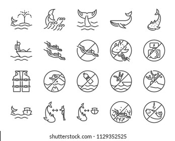 Whale watch icon set. Included icons as Whale watching, scuba diver, diving, marine, ocean traveler, underwater and more.