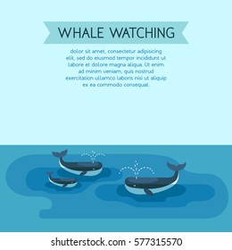 Whale watching. Arctic scene with marine animals in cold blue ocean. Poster template. Flat design style. Vector illustration.