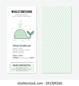 Whale watching vector vertical banner template. The tour announcement. For travel agency products, tour brochure, excursion banner. Simple mono linear modern design.