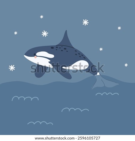 Whale in water. Cold ocean winter animal. Huge underwater fish. Swimming marine mammal. Childish decorative print. Vector cartoon flat style isolated illustration