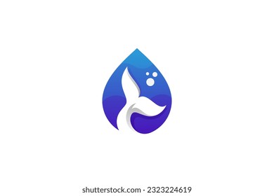 Whale and water drop in blue color logo design