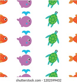 Whale with water fountain blow, fish and turte icon. Vector illustration. Cartoon style. Seamless pattern