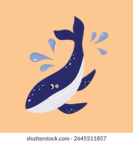 Whale with water splashes around on isolated background.Vector illustration cartoon flat style