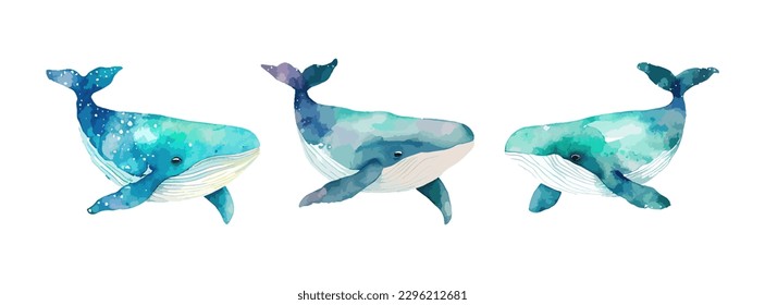 Whale watercolor set isolated on white background. Collection of underwater animal, ocean whale fish, sea nature drawing. Vector illustration