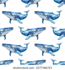 Whale watercolor style  illustration vector seamless pattern. Oceanic animal wildlife sketch. Blue whale seamless pattern for textile print. Ocean marine species. 