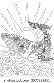 Whale in waves adult coloring page outline art