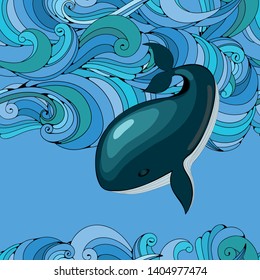 Whale in waves, pattern with animal in sea, vector, drawing for textile