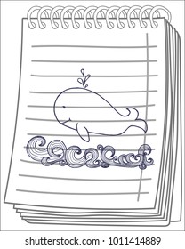 Whale in the wavy ocean lines art on notebook background. Whale icon with water fountain blow. hand drawn vector illustration.