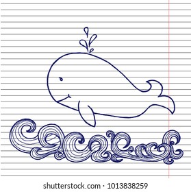 Whale in the wavy ocean lines art on copybook background. Whale icon with water fountain blow. hand drawn vector illustration.