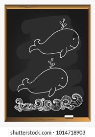 Whale in the wavy ocean lines art on blackboard background. Whale icon with water fountain blow. hand drawn vector illustration.