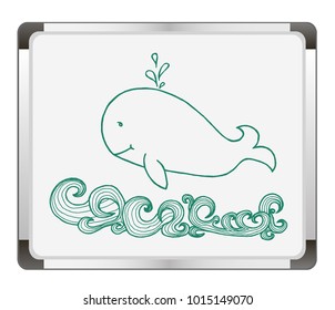 Whale in the wavy ocean lines art on flip chart background. Whale icon with water fountain blow. hand drawn vector illustration.
