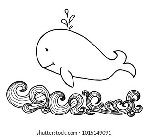 Whale in the wavy ocean lines art on white background. Whale icon with water fountain blow. hand drawn vector illustration.