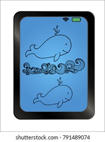 Whale in the wavy ocean lines art on background plate. Whale icon with water fountain blow. hand drawn vector illustration.