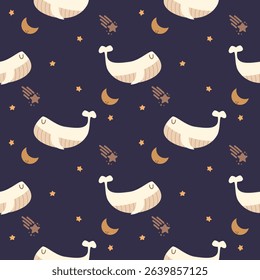 Whale white cartoon so cute. On meteor star moon background. Pattern seamless vector illustration. 