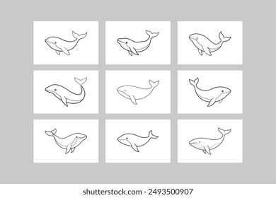 Whale Whole Body 9 set Vector Line Art Illustration.