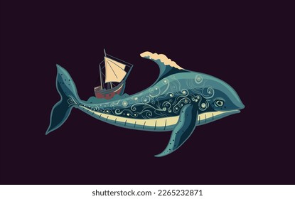 Whale with yacht, sail boat. Sea adventure card. Vector cartoon  big fish with glowing luminiscent lights or stars and waves. Beautiful 
fantasy ocean, nautical illustration for tatoo, t shirt desig