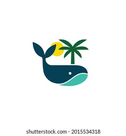 Whale with yellow sun and palm tree vector illustration