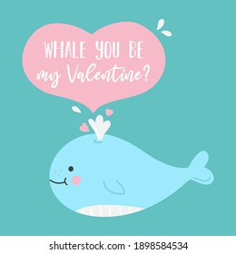 Whale, du bist mein Valentinin? Vektorgrafik. Cute Wale Valentins Tageskarte Design, Zeichnung von Blauwal mit Herz und Pun-Schrift.