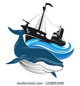 Whaler With Harpoon And Blue Whale