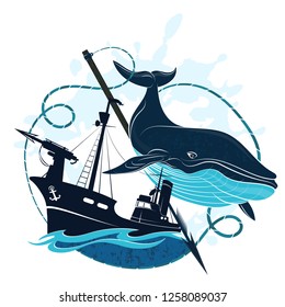 Whaler with harpoon and blue whale vector