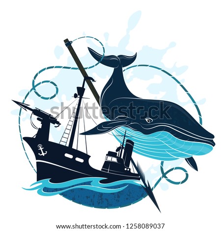 Whaler with harpoon and blue whale vector
