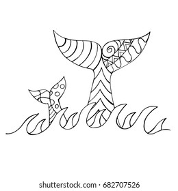 Whales with abstract patterns playing in the waves. Vector illustration.