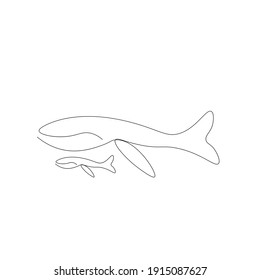 Whales Animal On Ocean Line Drawing. Vector Illustration