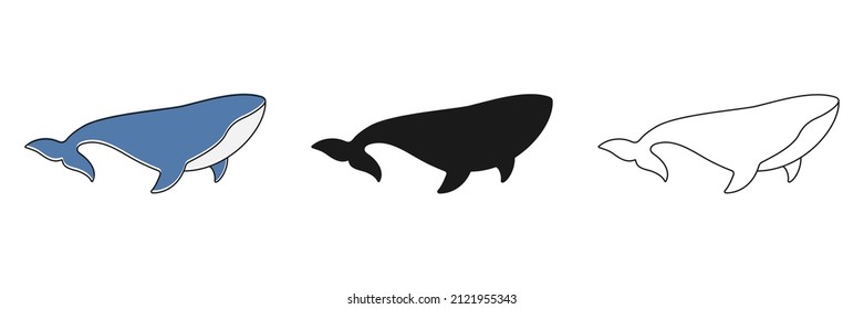 Colección de animales de ballenas. Ballenas espermatozoides en diferentes poses. Grupo de animales del océano. Vector aislado en blanco.