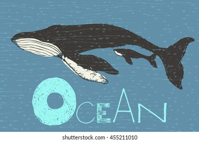 Whales big humpback with baby cub whale in blue water ocean art illustration.