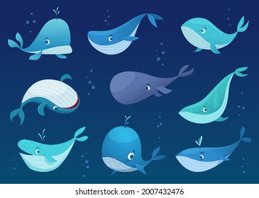 Whales cartoon. Underwater wild big cute fishes sea or ocean swimming animals exact vector whales in various poses isolated